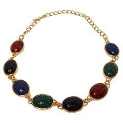 1970s Kenneth Jay Lane Multicolor Carved Scarab Gold Tone Necklace