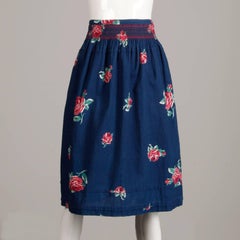 1970s Kenzo Vintage Blue Denim Chambray Jeans Skirt with Floral Rose Print