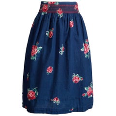 1970s Kenzo Vintage Blue Denim Chambray Jeans Skirt with Floral Rose Print
