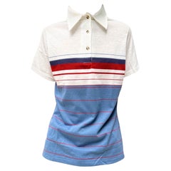 1970S KING LOUIE Camicia da bowling da uomo a righe bianche e blu in poliestere/cotone NWT