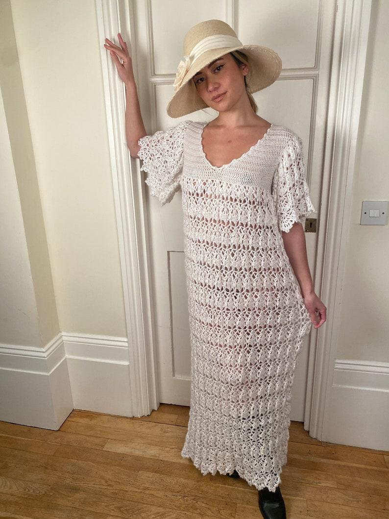 1970s Knitted White Wool Maxi Dress For Sale 3