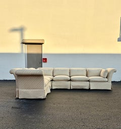 1970s Baker Knole Modular Walnut Legs Beige Skirted Seven Pieces Sectional Sofa