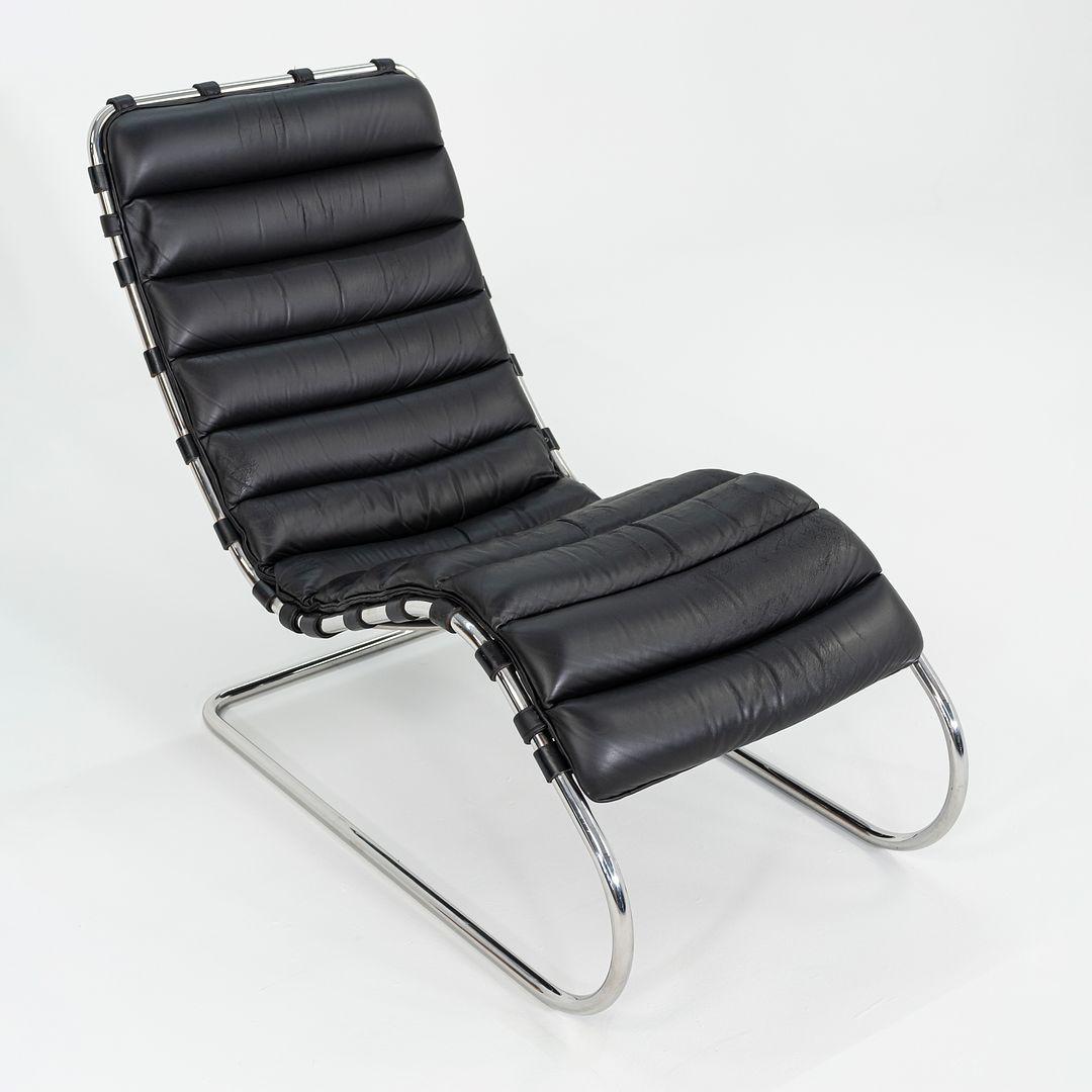 1970s Knoll Mies van der Rohe MR Chaise Lounge Chair Cuero tapizado negro 4