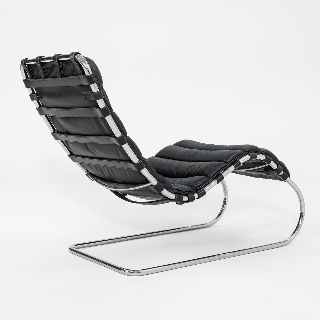 1970s Knoll Mies van der Rohe MR Chaise Lounge Chair Cuero tapizado negro 1