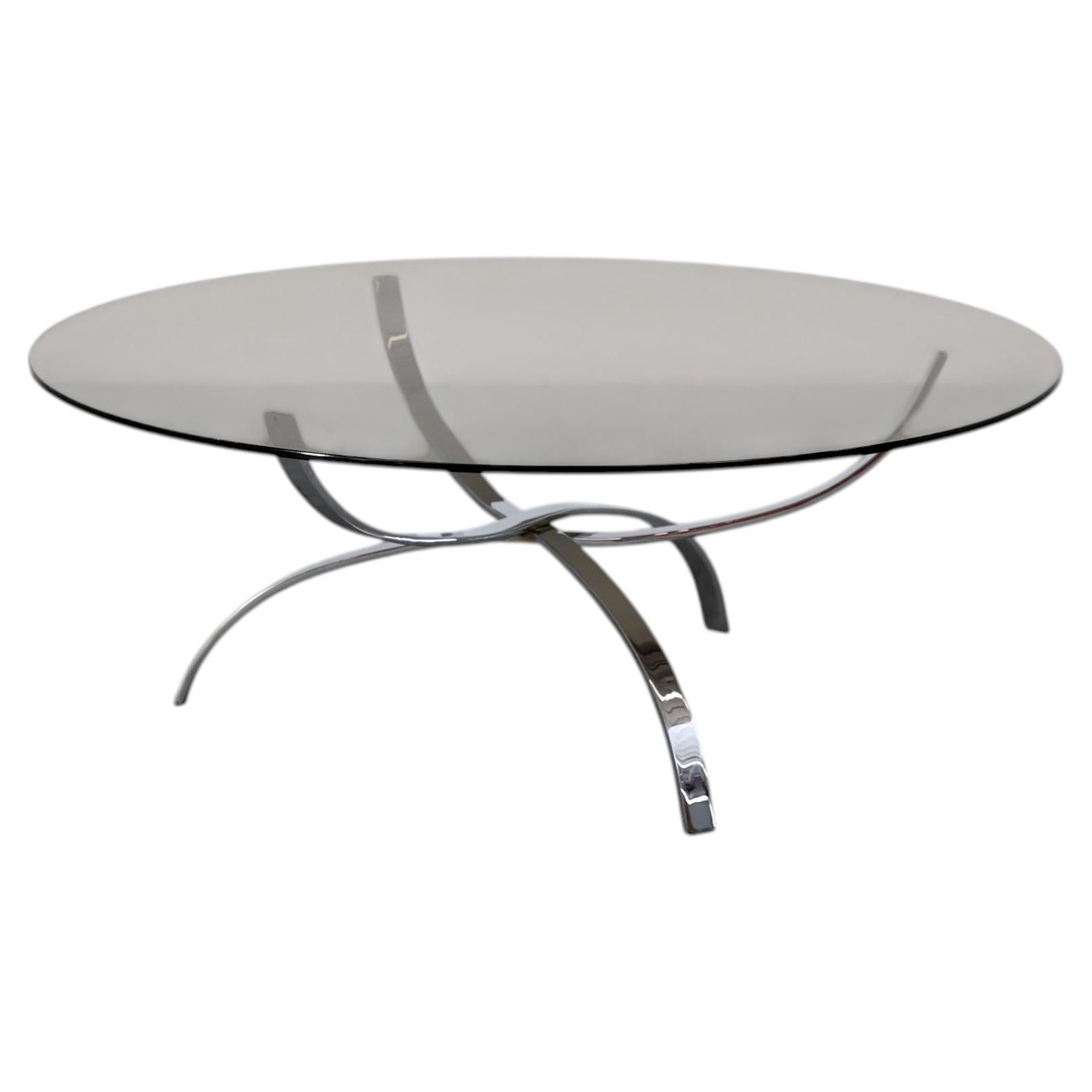 1970 Table basse de style Knut Hesterberg, nickel chrome, verre fumé rond