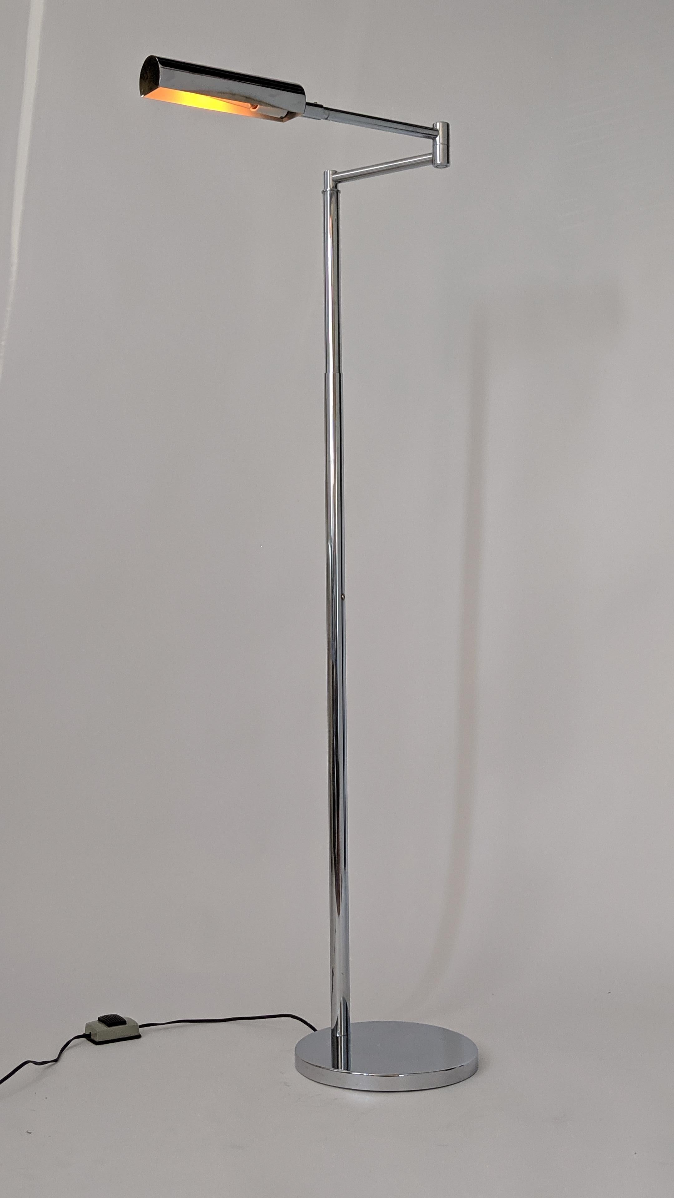 Minimalist modern telescopic swing arm reading floor lamp from Koch & Lowy 

Well made construction with prime quality material. 

Slide up and down from 42 to 52 inches. 

All hinges and sliding mechanism are tight, strurdy and easy to move