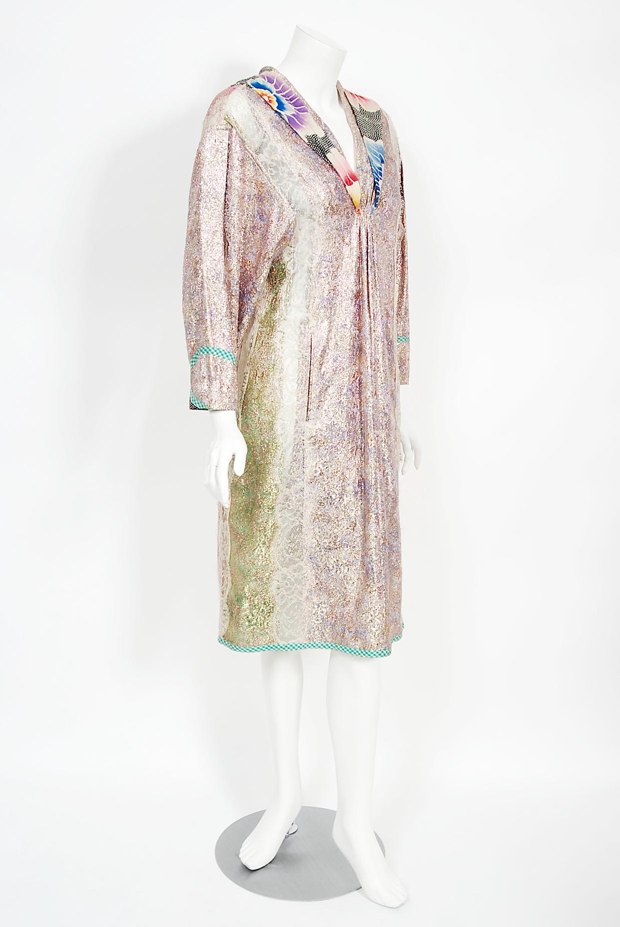 1970s Koos Van Den Akker Couture Metallic Lace & Colorful Cotton Hooded Dress 6