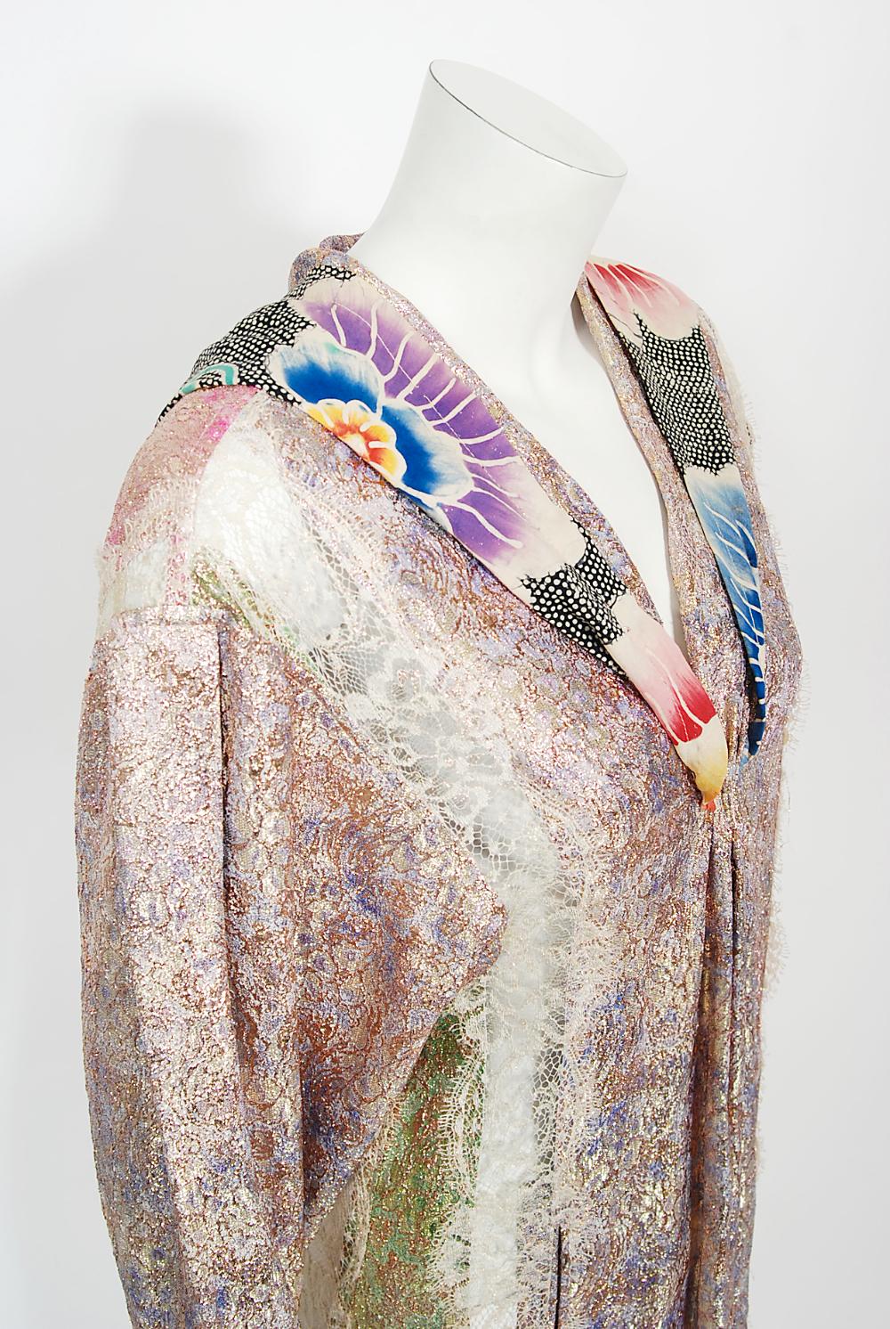 1970s Koos Van Den Akker Couture Metallic Lace & Colorful Cotton Hooded Dress 7