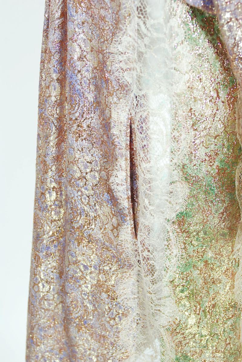 1970s Koos Van Den Akker Couture Metallic Lace & Colorful Cotton Hooded Dress 8