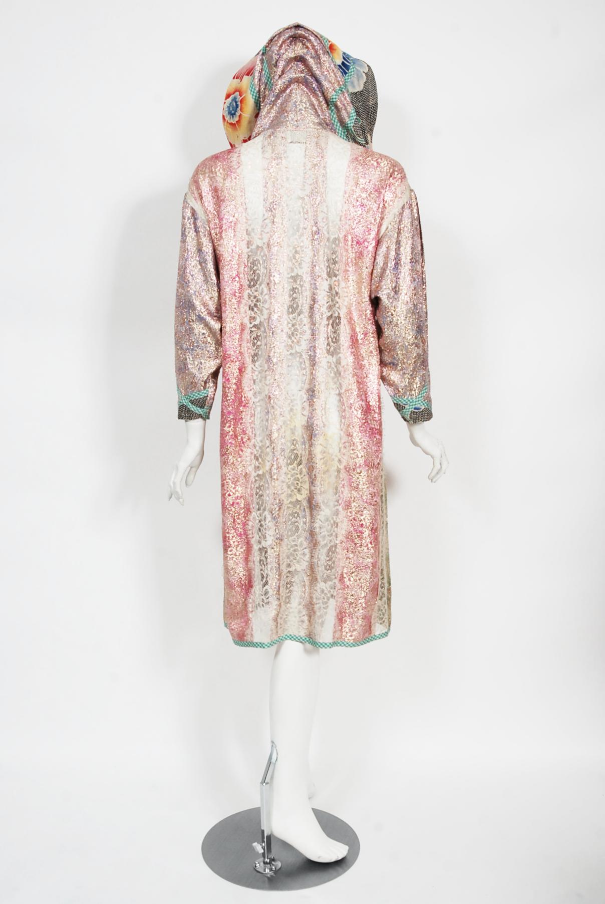 1970s Koos Van Den Akker Couture Metallic Lace & Colorful Cotton Hooded Dress 9