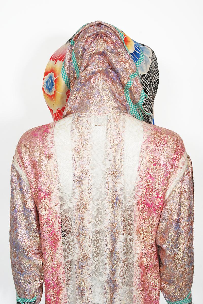1970s Koos Van Den Akker Couture Metallic Lace & Colorful Cotton Hooded Dress 10