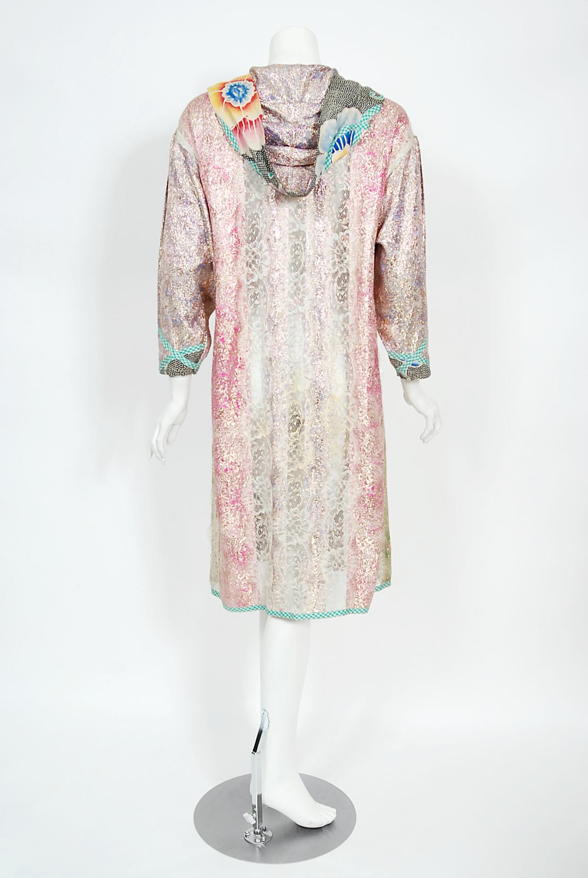 1970s Koos Van Den Akker Couture Metallic Lace & Colorful Cotton Hooded Dress 11