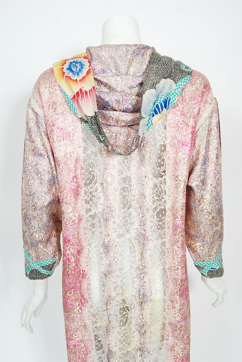 1970s Koos Van Den Akker Couture Metallic Lace & Colorful Cotton Hooded Dress 12