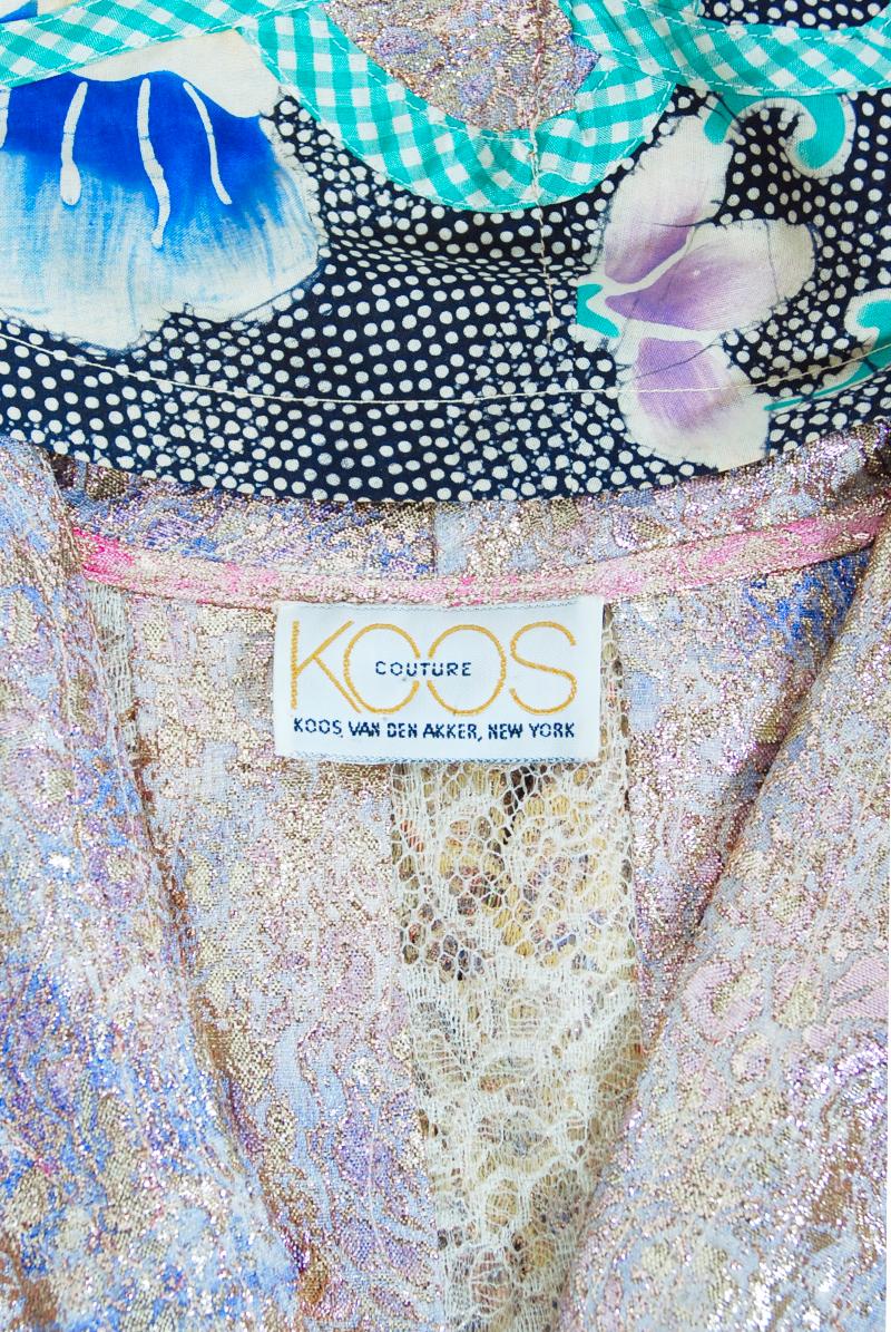 1970s Koos Van Den Akker Couture Metallic Lace & Colorful Cotton Hooded Dress 13