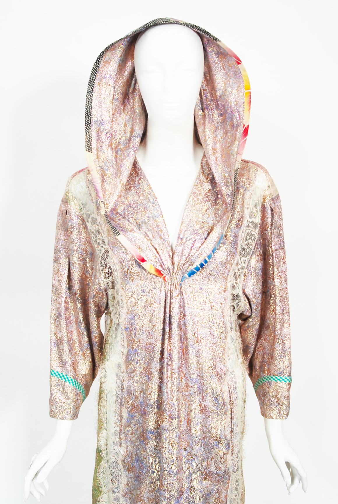 1970s Koos Van Den Akker Couture Metallic Lace & Colorful Cotton Hooded Dress In Good Condition In Beverly Hills, CA