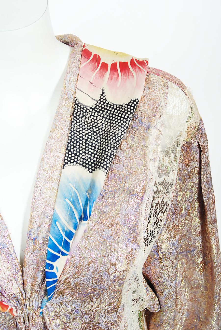 Women's 1970s Koos Van Den Akker Couture Metallic Lace & Colorful Cotton Hooded Dress