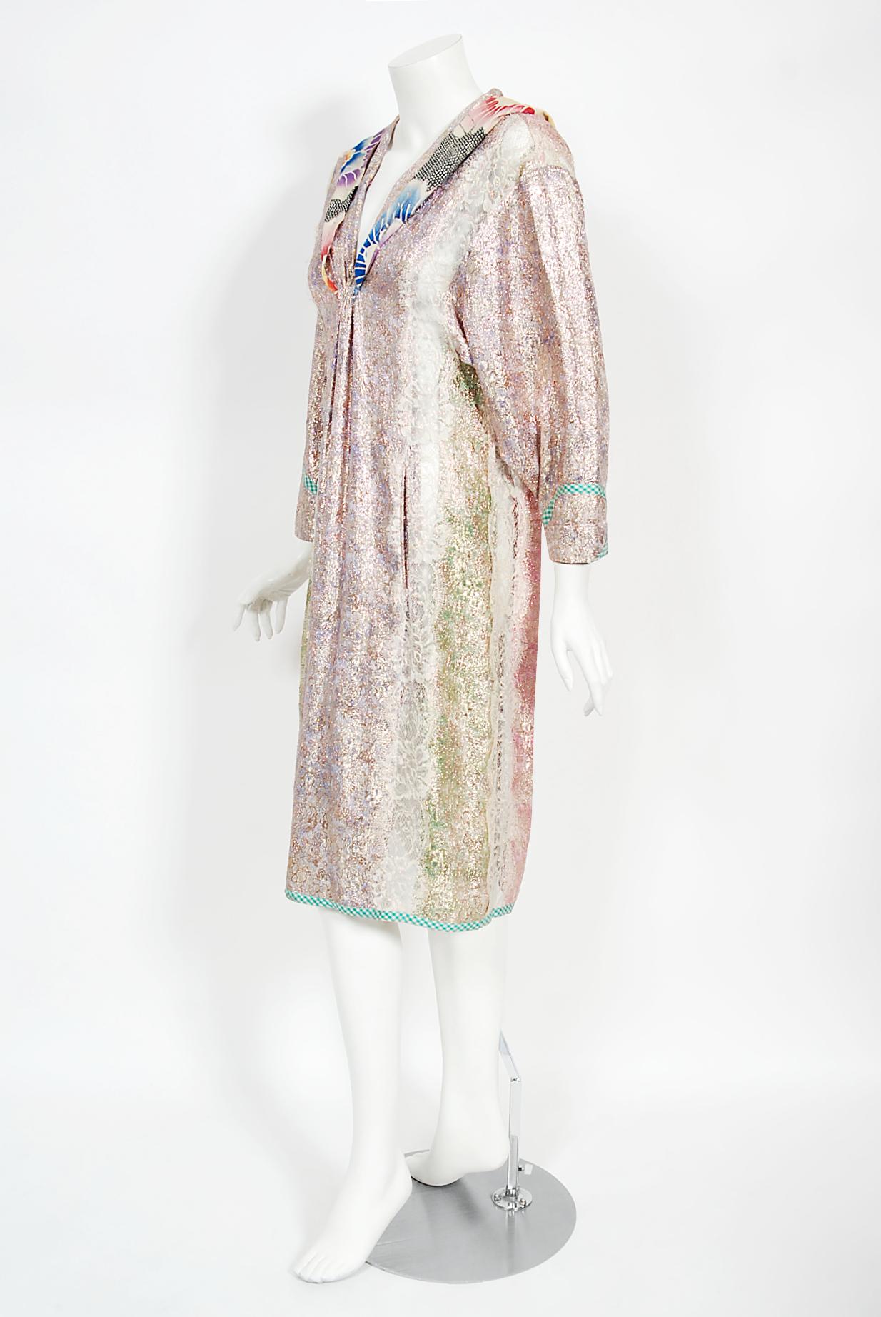 1970s Koos Van Den Akker Couture Metallic Lace & Colorful Cotton Hooded Dress 1