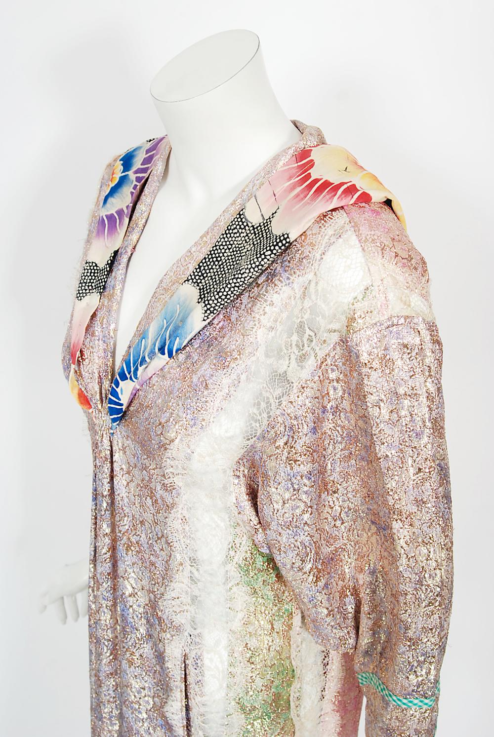 1970s Koos Van Den Akker Couture Metallic Lace & Colorful Cotton Hooded Dress 2