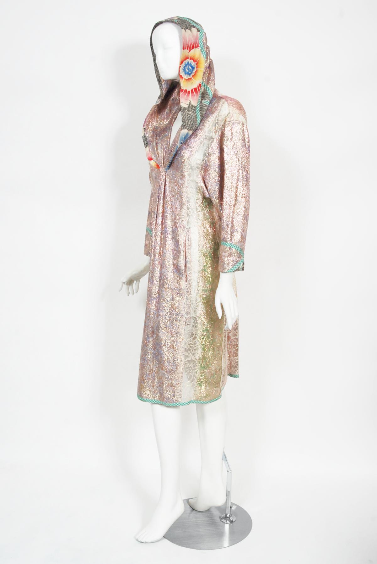 1970s Koos Van Den Akker Couture Metallic Lace & Colorful Cotton Hooded Dress 3
