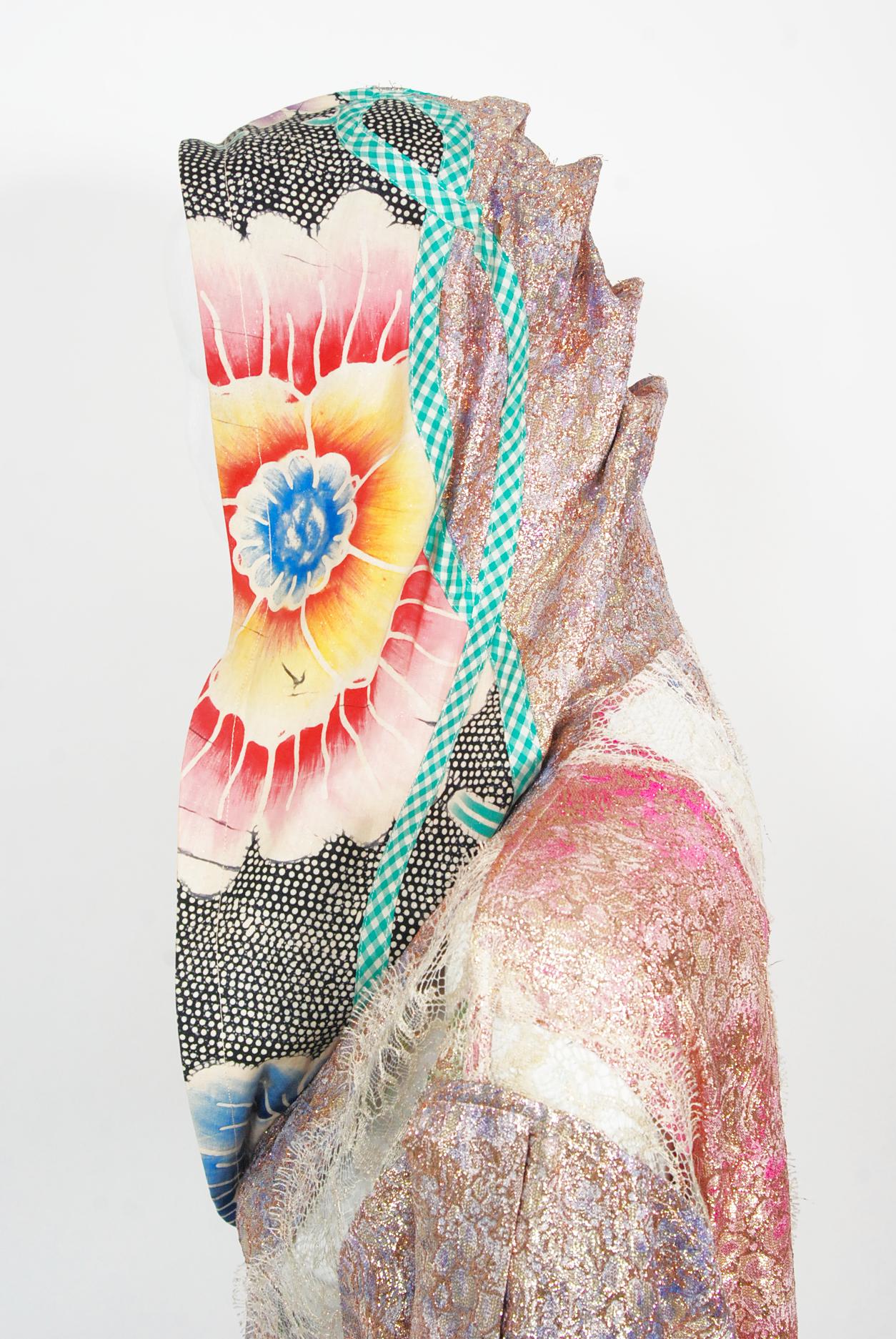 1970s Koos Van Den Akker Couture Metallic Lace & Colorful Cotton Hooded Dress 4