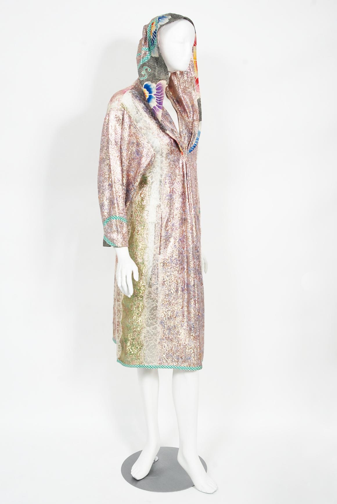 1970s Koos Van Den Akker Couture Metallic Lace & Colorful Cotton Hooded Dress 5