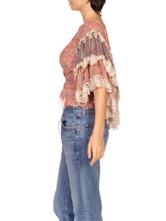 1970S KOOS VAN DEN AKKER Dusty Pink & Purple Silk Chiffon Romantic Lace Trim Bl