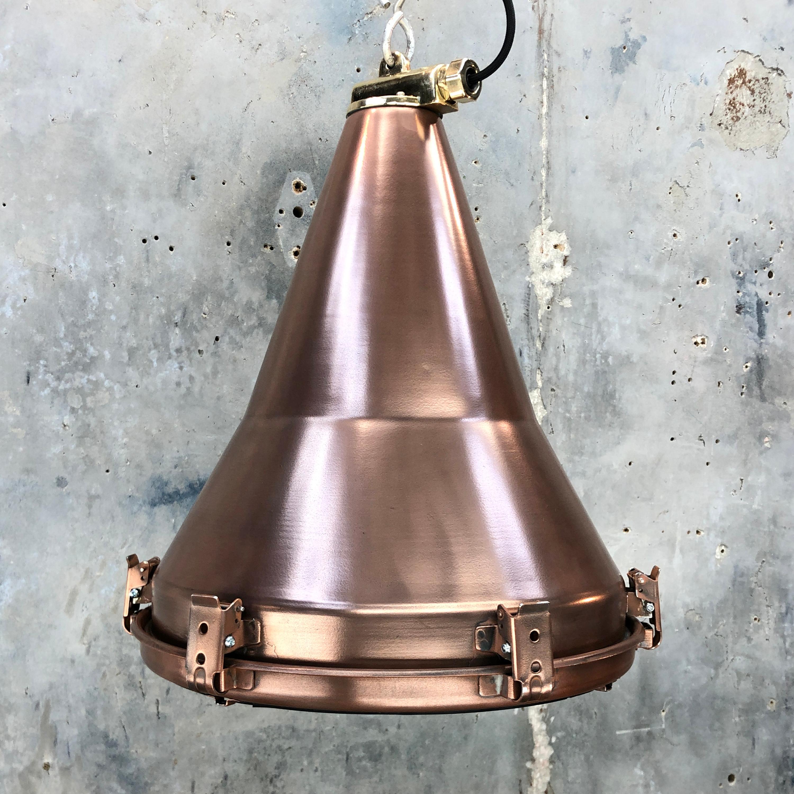1970s Korean Copper, Cast Brass and Glass Industrial Flood Light Pendant Lamp 5