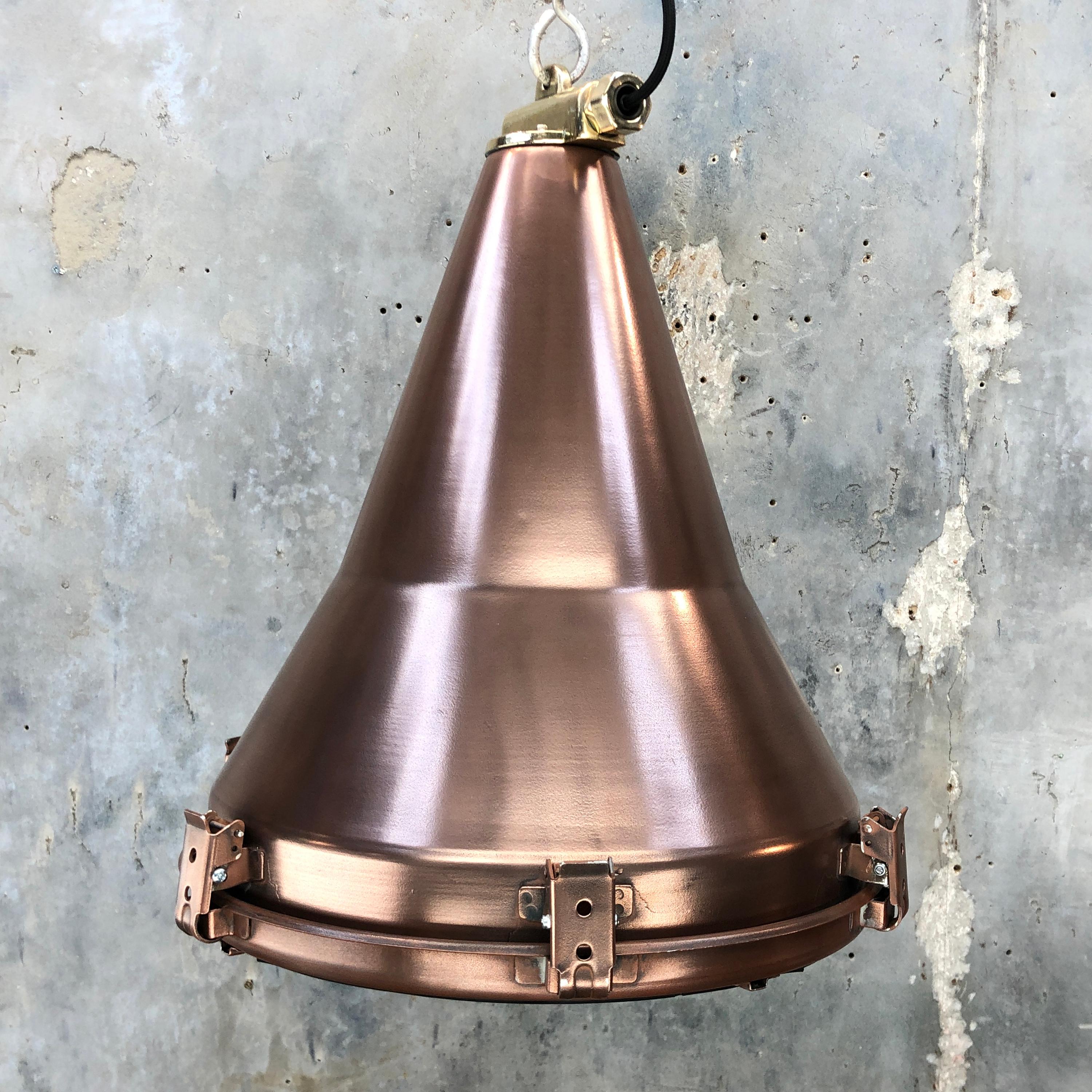 1970s Korean Copper, Cast Brass and Glass Industrial Flood Light Pendant Lamp 6