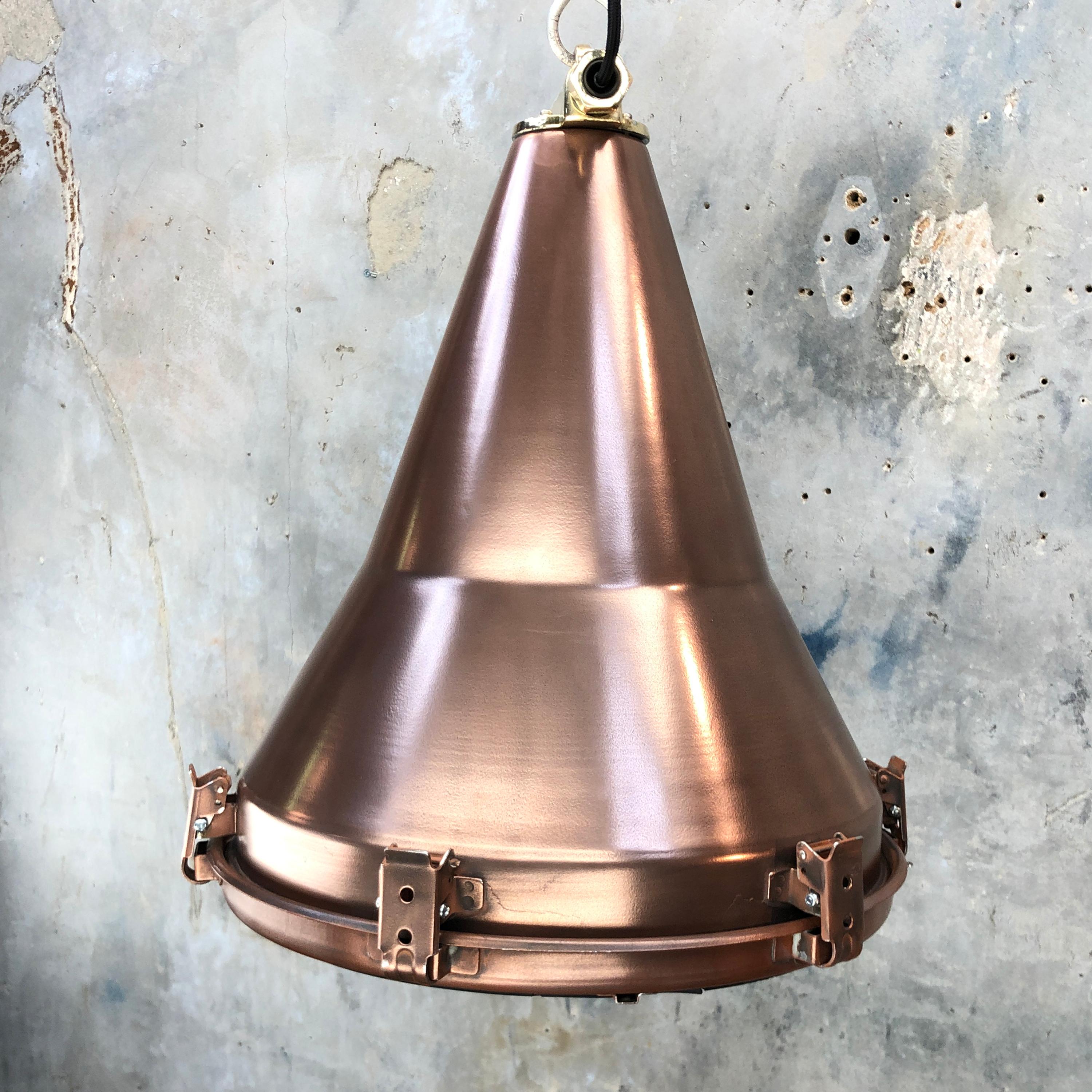 1970s Korean Copper, Cast Brass and Glass Industrial Flood Light Pendant Lamp 7