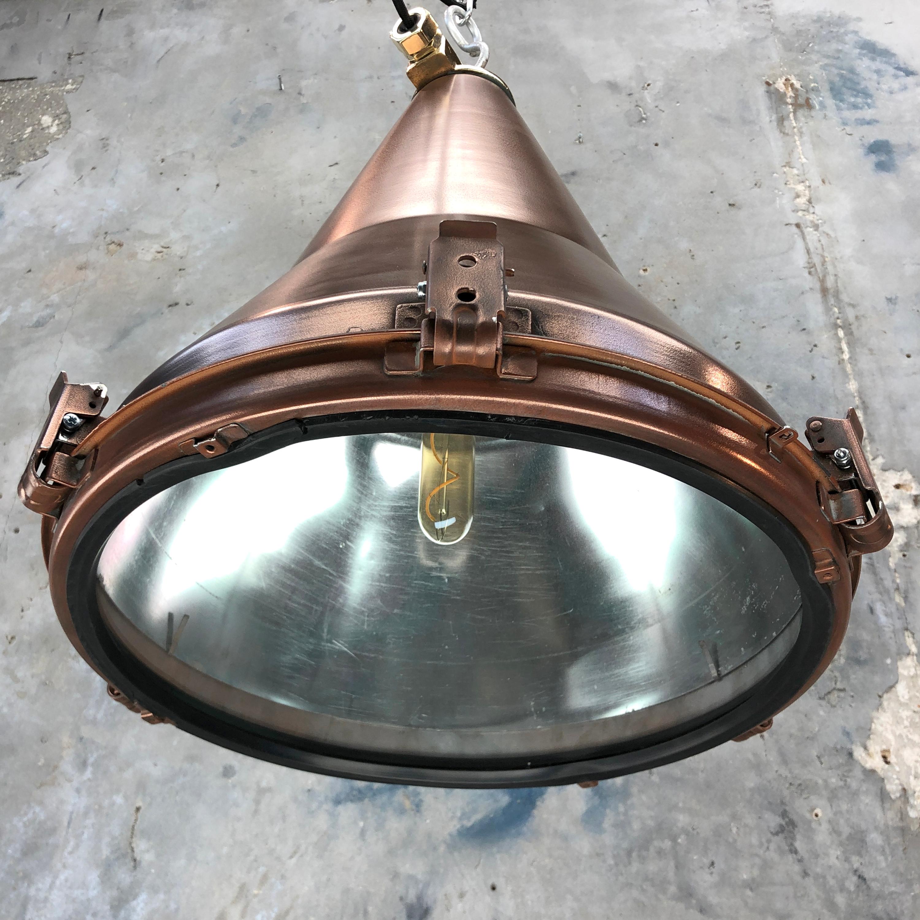 South Korean 1970s Korean Copper, Cast Brass and Glass Industrial Flood Light Pendant Lamp