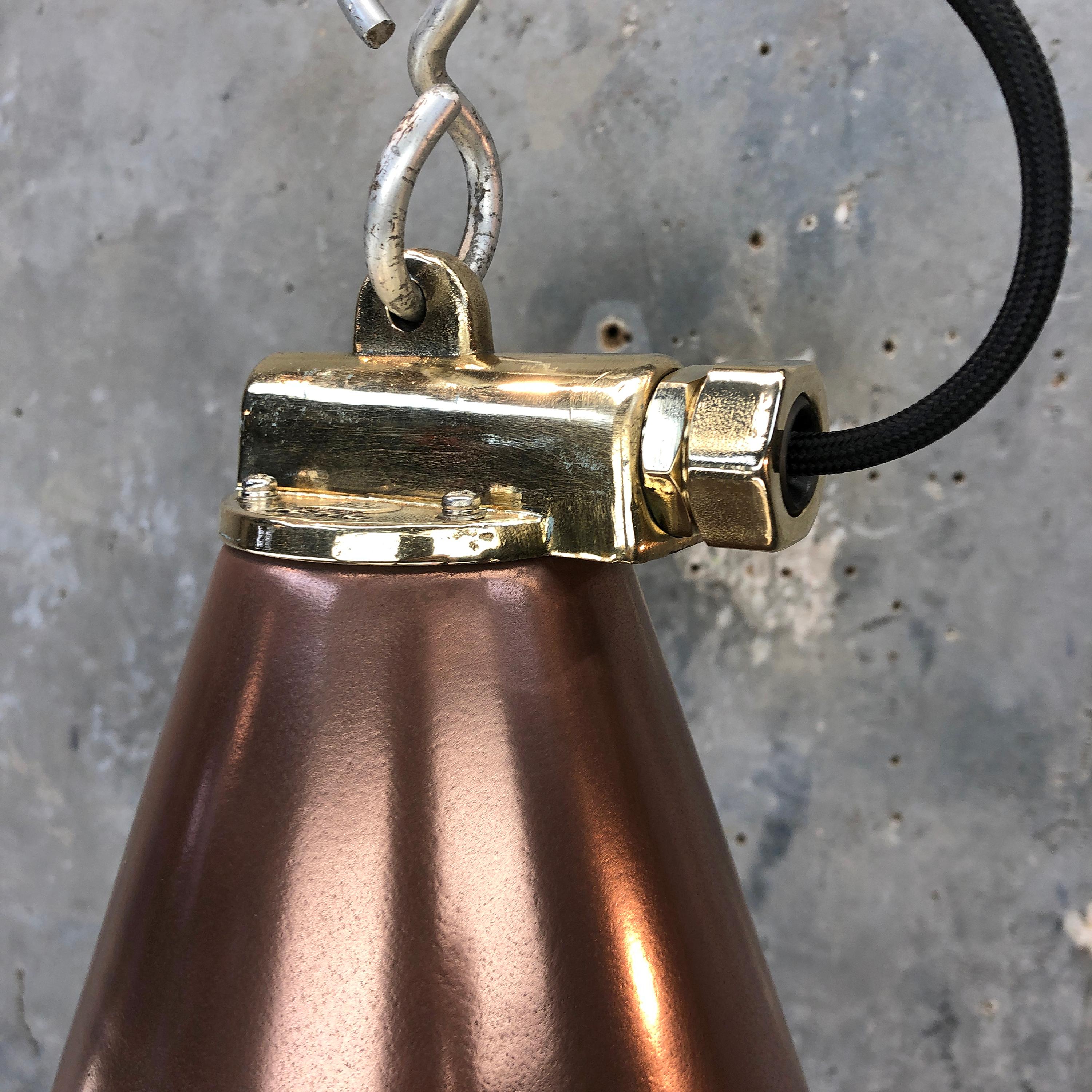 1970s Korean Copper, Cast Brass and Glass Industrial Flood Light Pendant Lamp In Good Condition In Leicester, Leicestershire