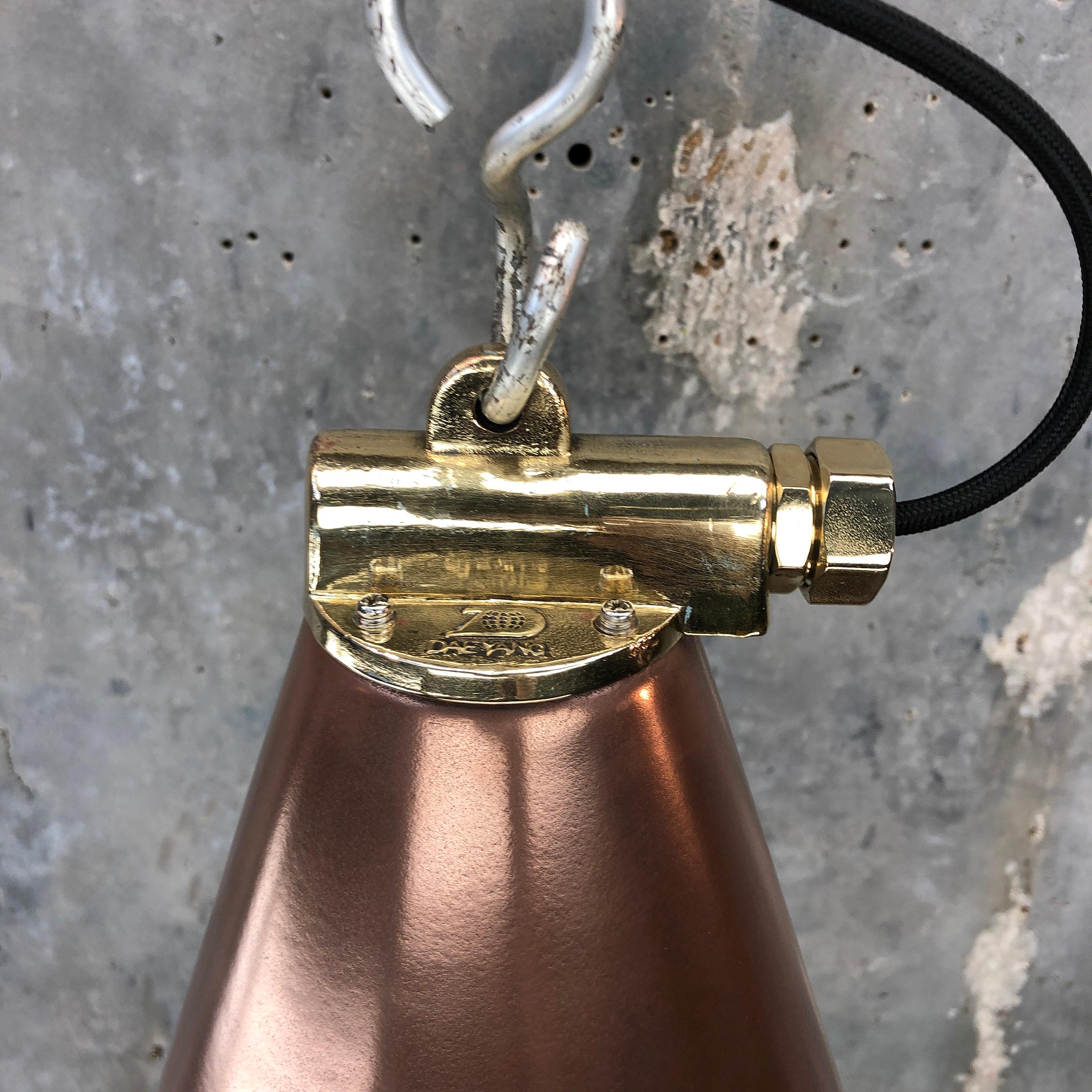 Late 20th Century 1970s Korean Copper, Cast Brass and Glass Industrial Flood Light Pendant Lamp
