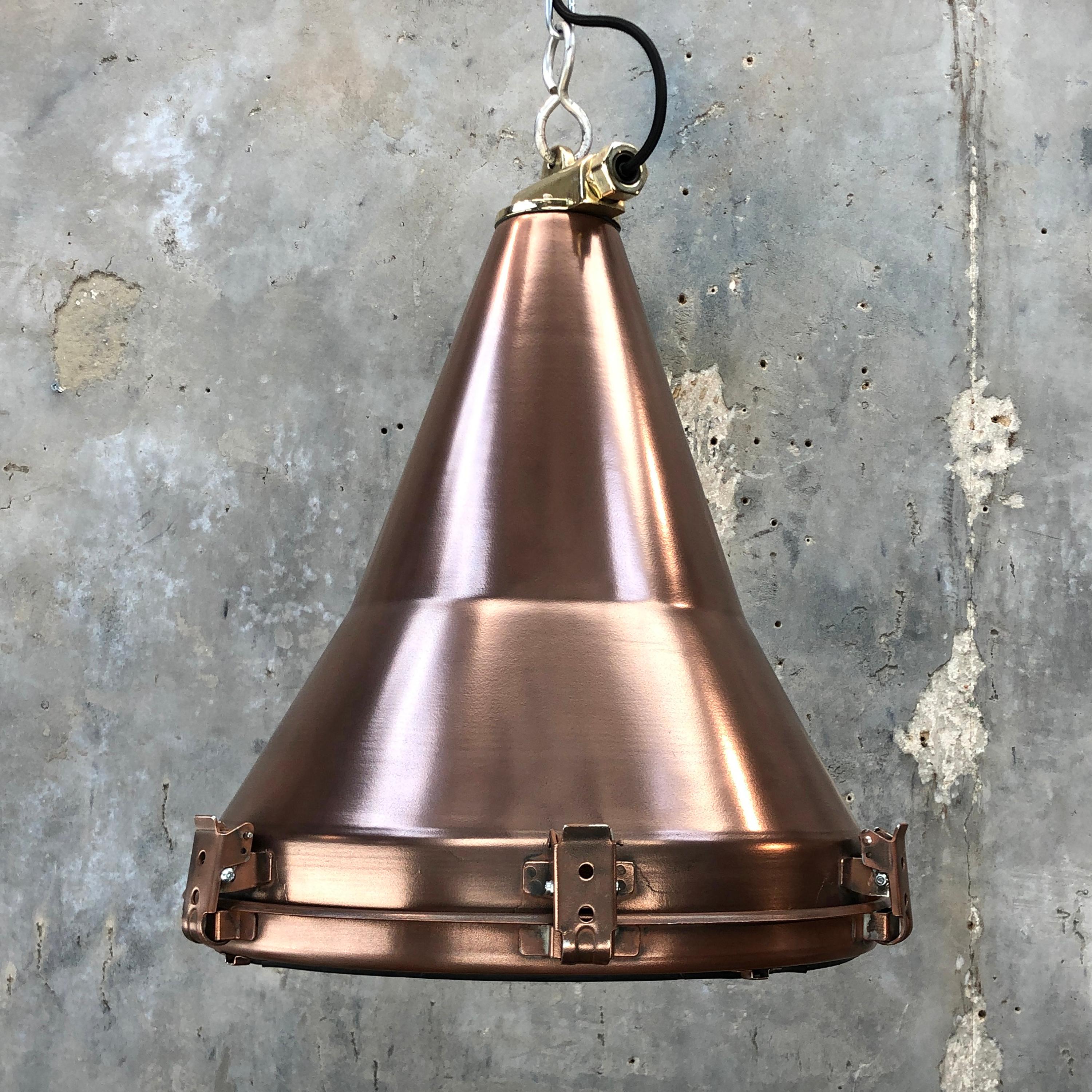 1970s Korean Copper, Cast Brass and Glass Industrial Flood Light Pendant Lamp 1