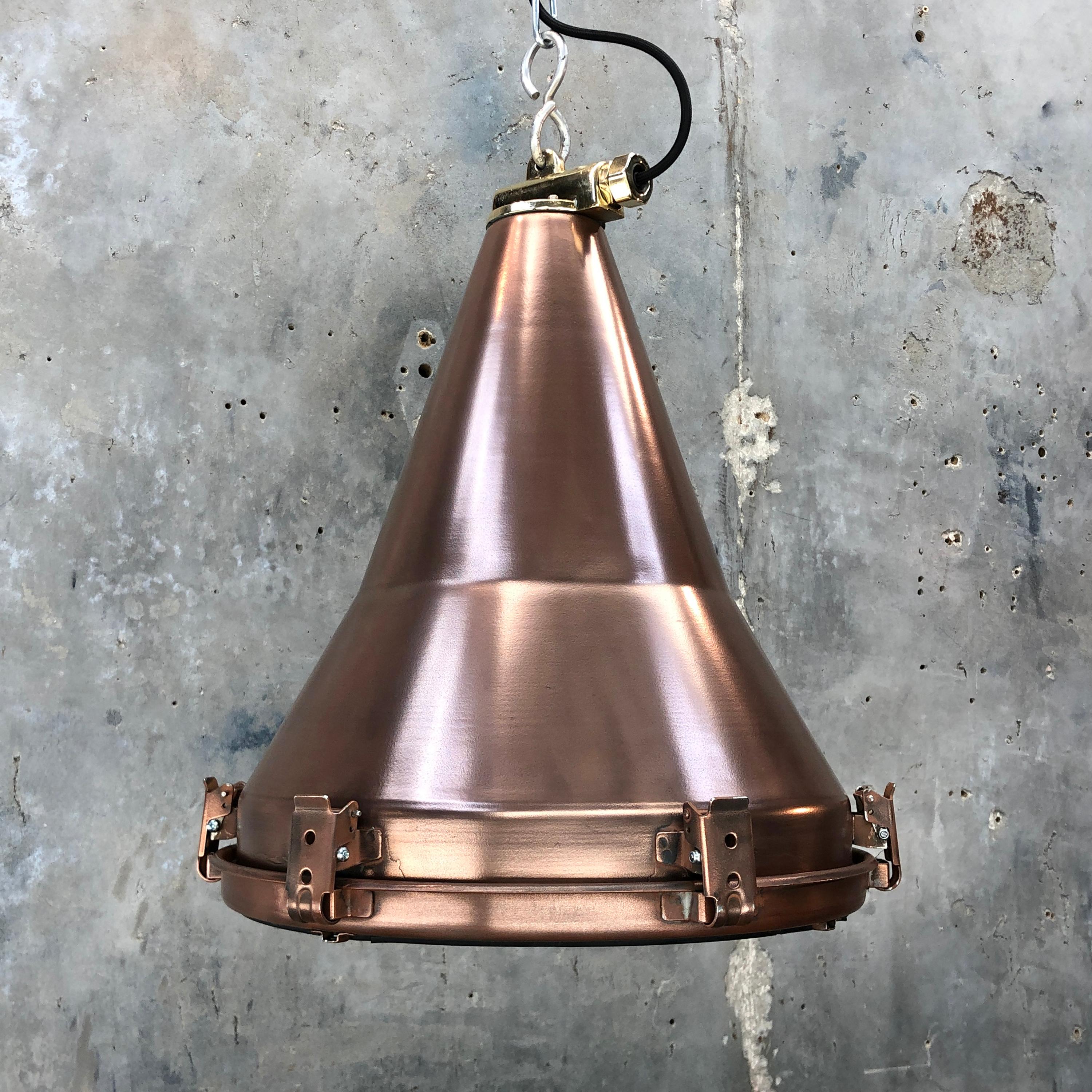 1970s Korean Copper, Cast Brass and Glass Industrial Flood Light Pendant Lamp 2