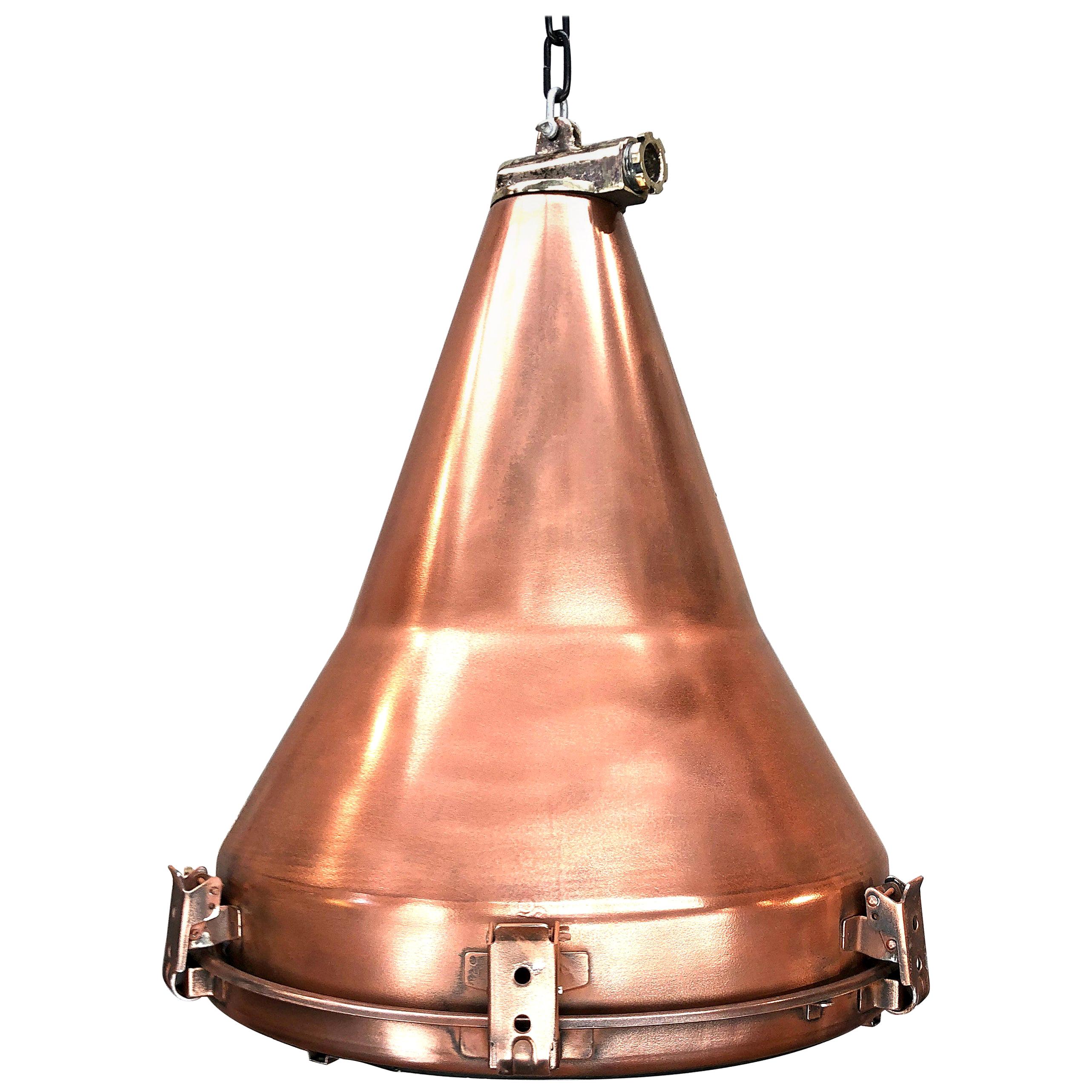 1970s Korean Copper, Cast Brass and Glass Industrial Flood Light Pendant Lamp