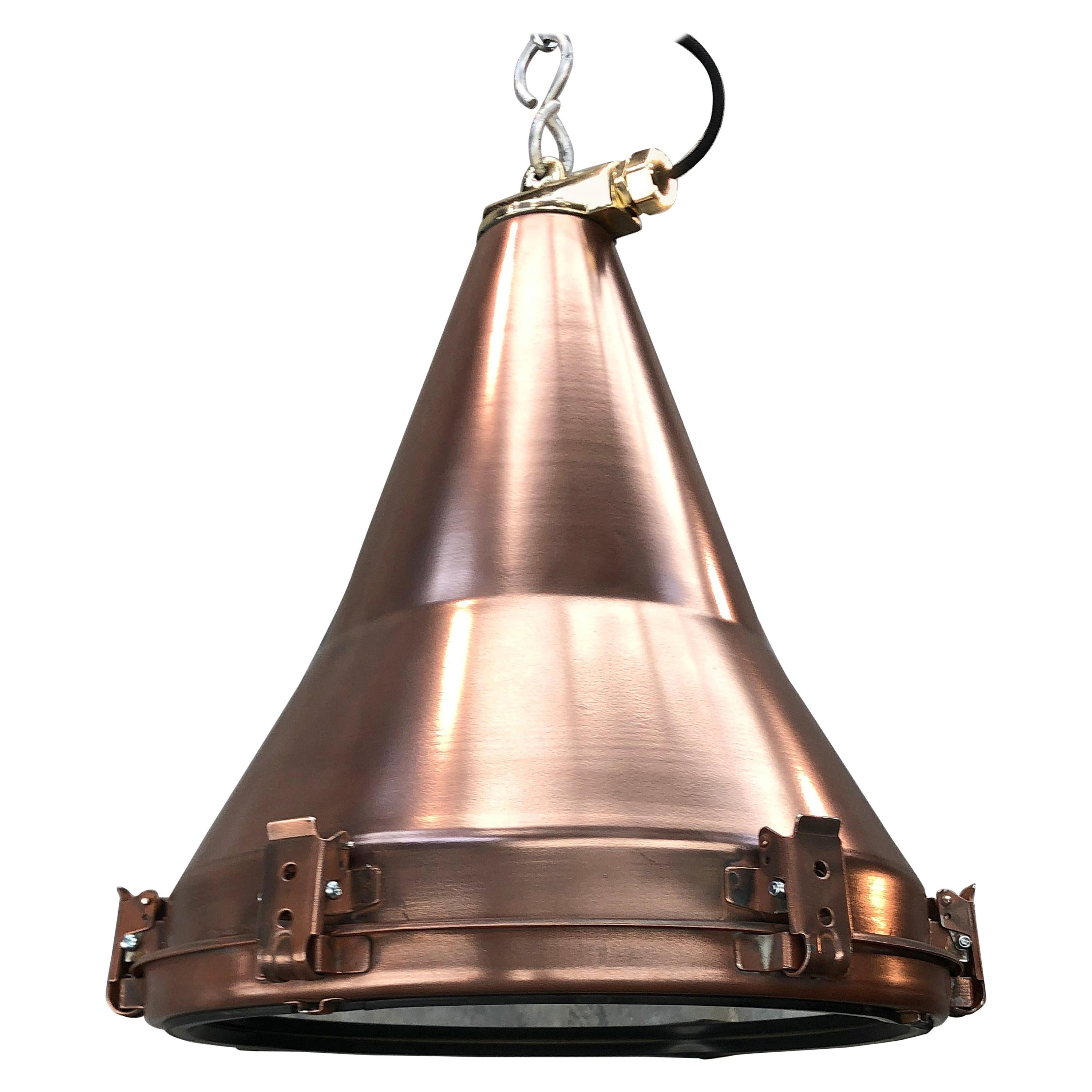 1970s Korean Copper, Cast Brass and Glass Industrial Flood Light Pendant Lamp