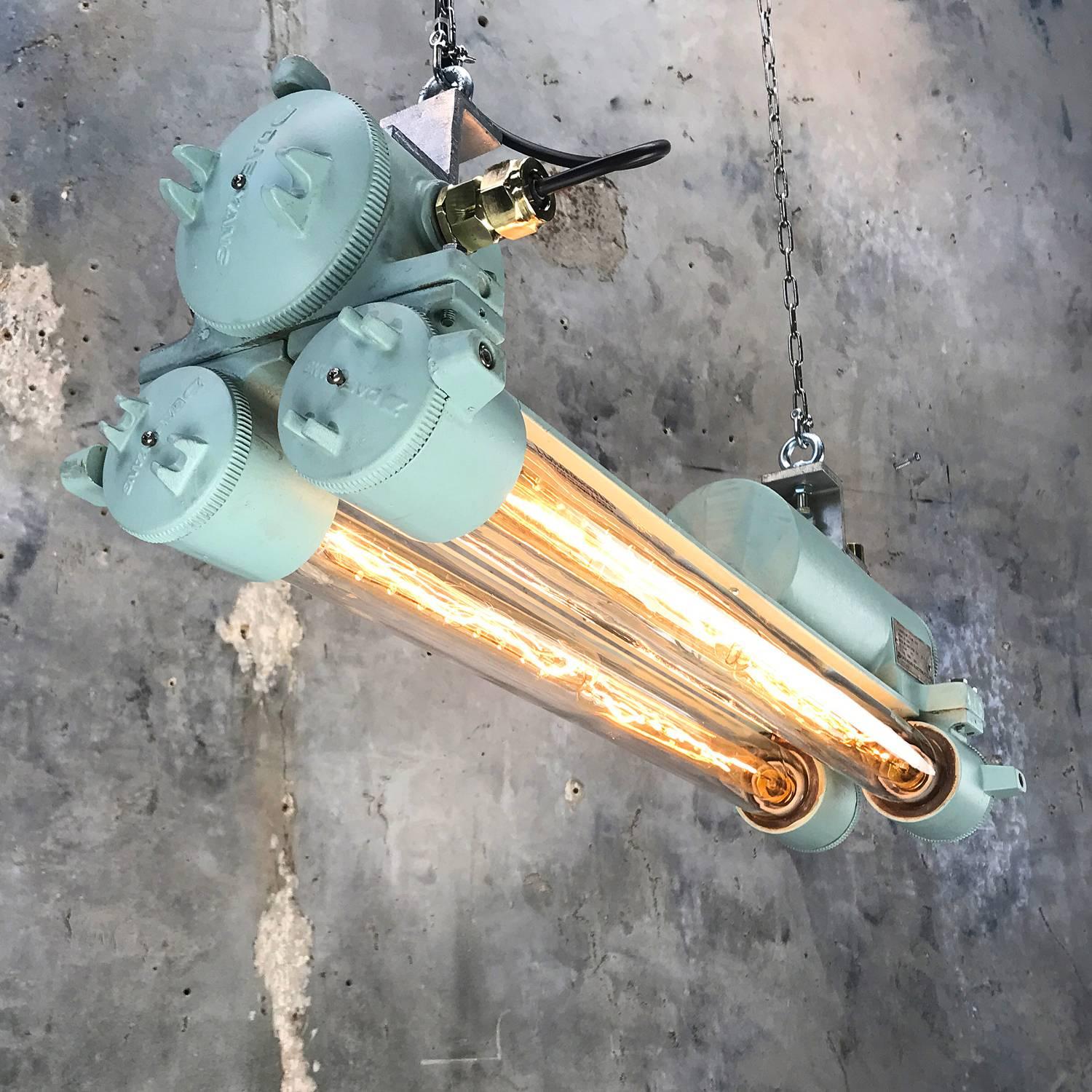 Reclaimed vintage industrial Korean flameproof striplight made by Daeyang in the 1970's painted in duck egg.
 
Original item salvaged from supertankers and military vessels then professionally restored by Loomlight in the UK ready for installation
