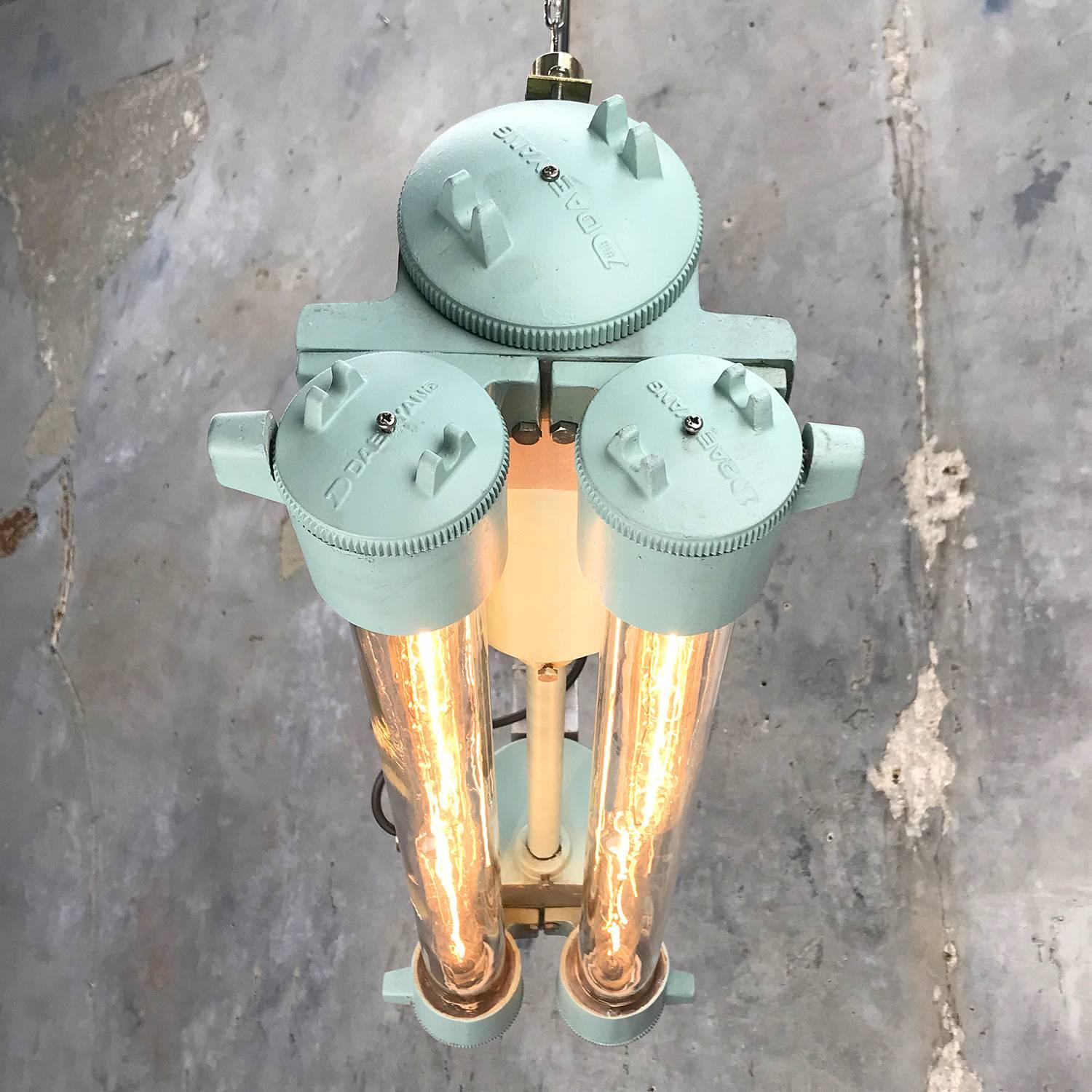 1970s Korean Industrial Cast Aluminum Edison Flame Proof Strip Light - Duck Egg In Good Condition For Sale In Leicester, Leicestershire