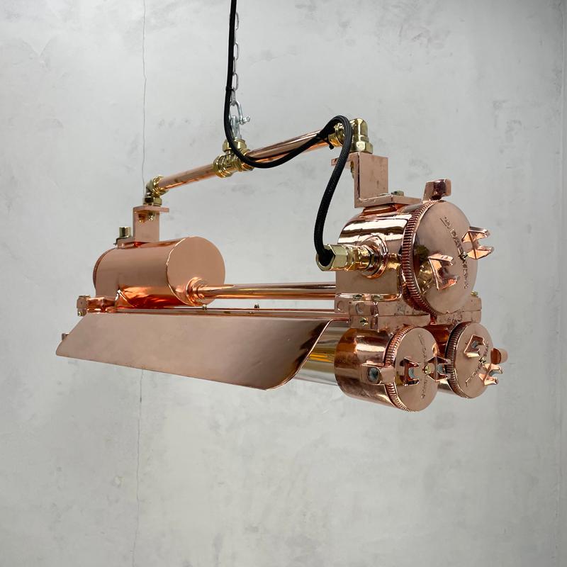 Machine-Made 1970s Korean Industrial Copper Edison LED Flameproof Tube Light with Shades For Sale