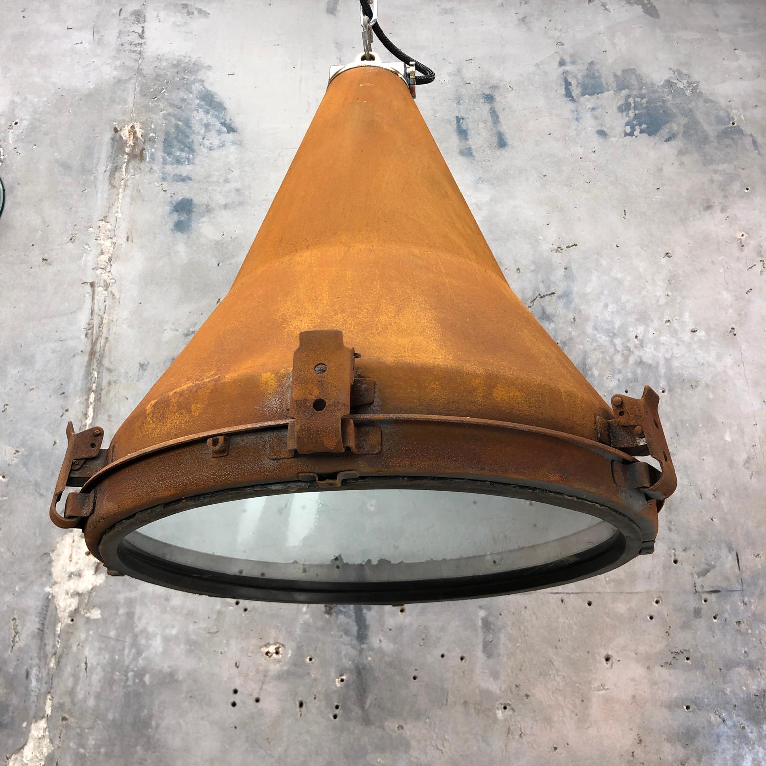1970s Korean Vintage Industrial Steel Conical Pendant Light with Applied Rust 9