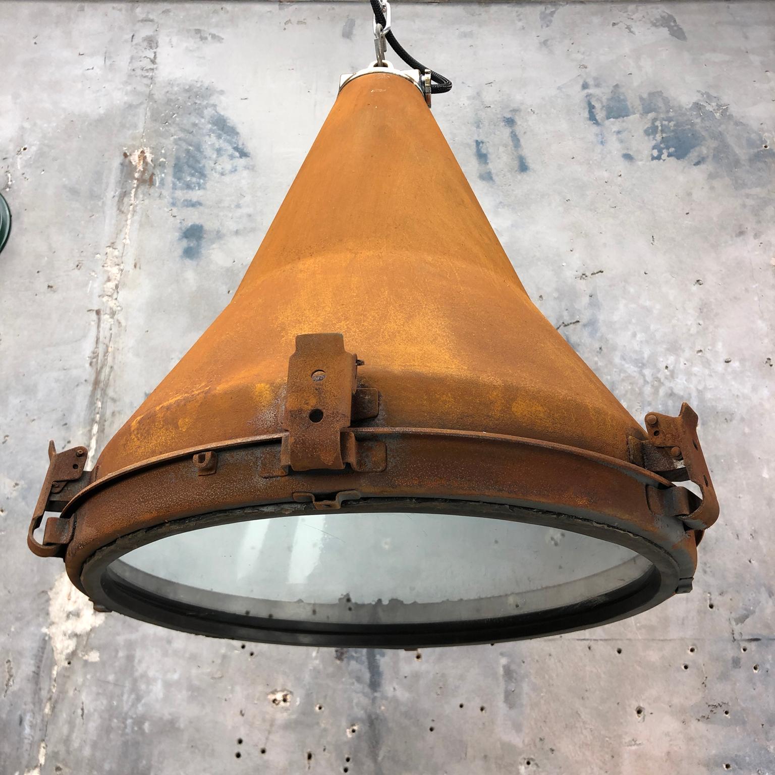 1970s Korean Vintage Industrial Steel Conical Pendant Light with Applied Rust 10