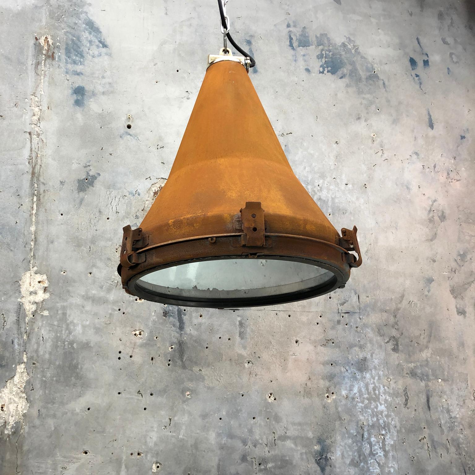 1970s Korean Vintage Industrial Steel Conical Pendant Light with Applied Rust 11