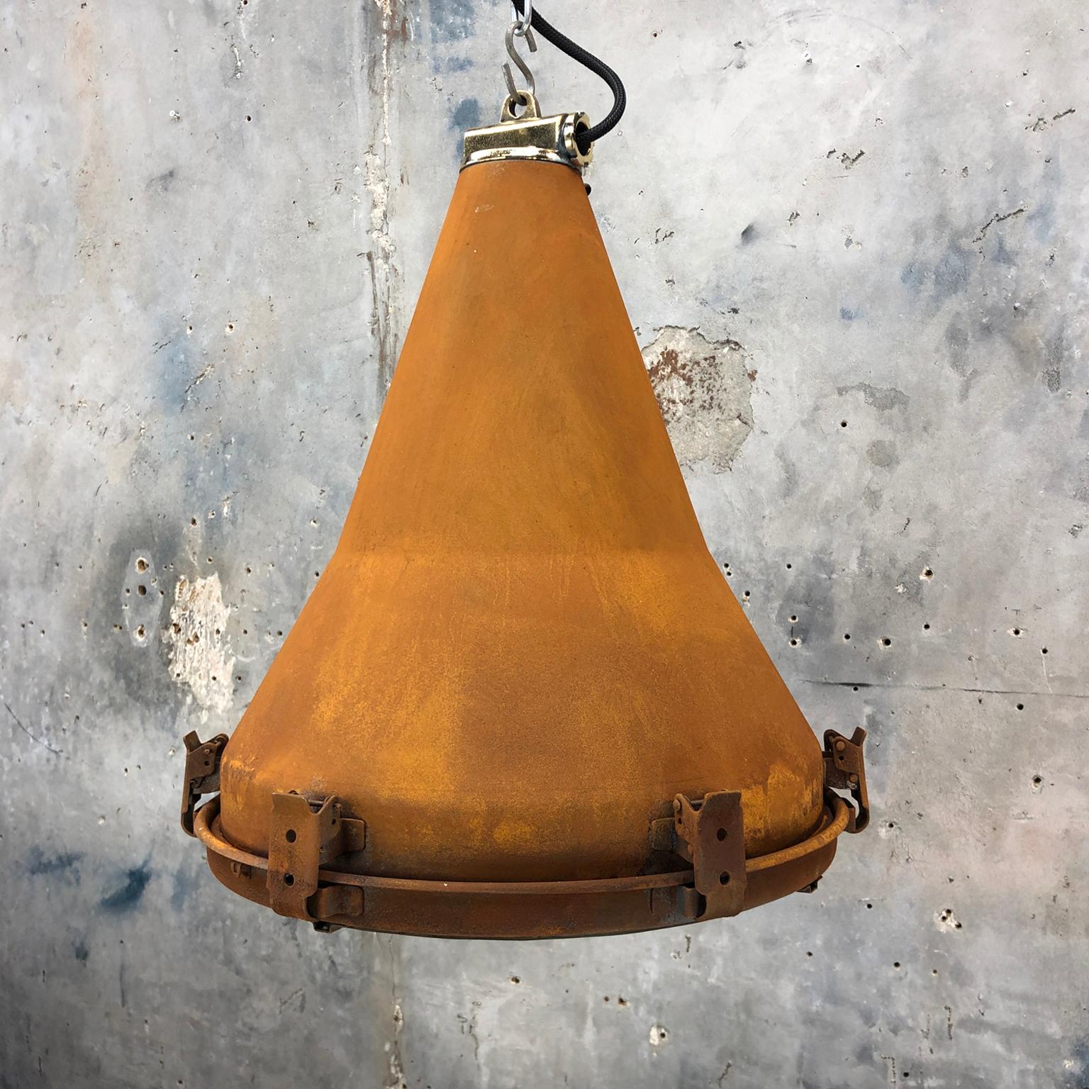 1970s Korean Vintage Industrial Steel Conical Pendant Light with Applied Rust 12