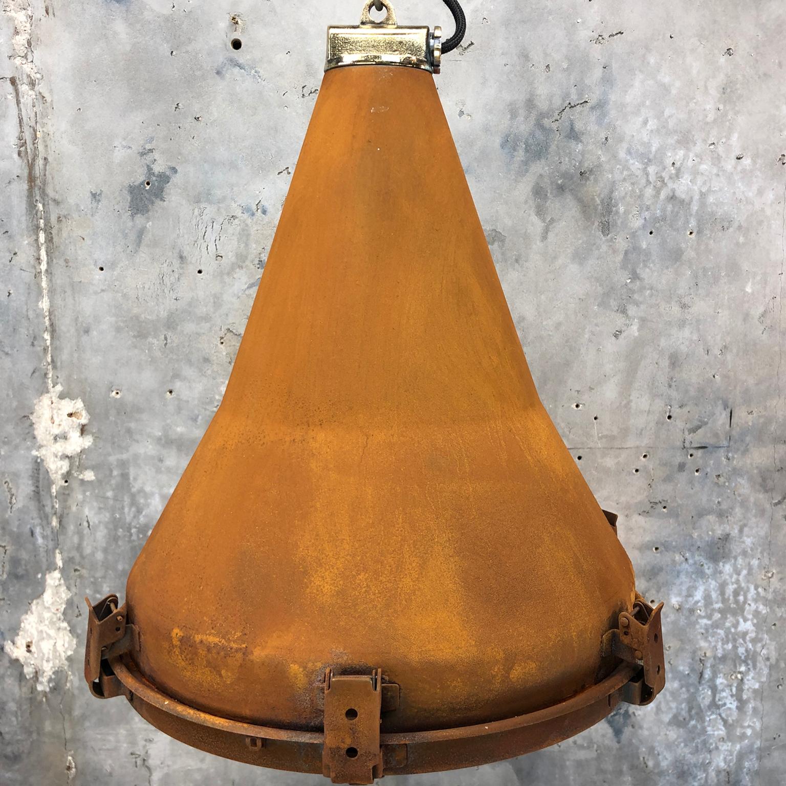 1970s Korean Vintage Industrial Steel Conical Pendant Light with Applied Rust 13