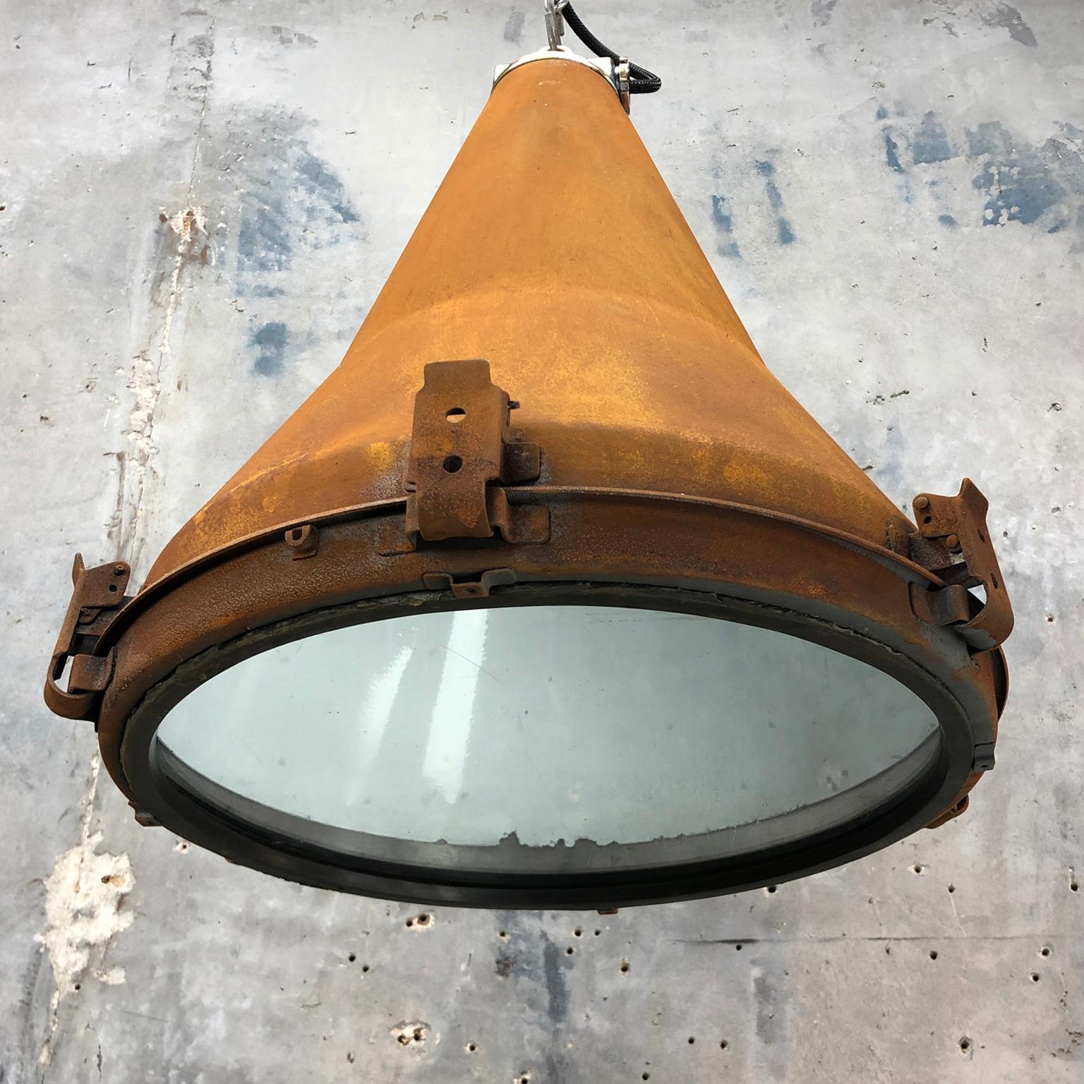 Cast 1970s Korean Vintage Industrial Steel Conical Pendant Light with Applied Rust