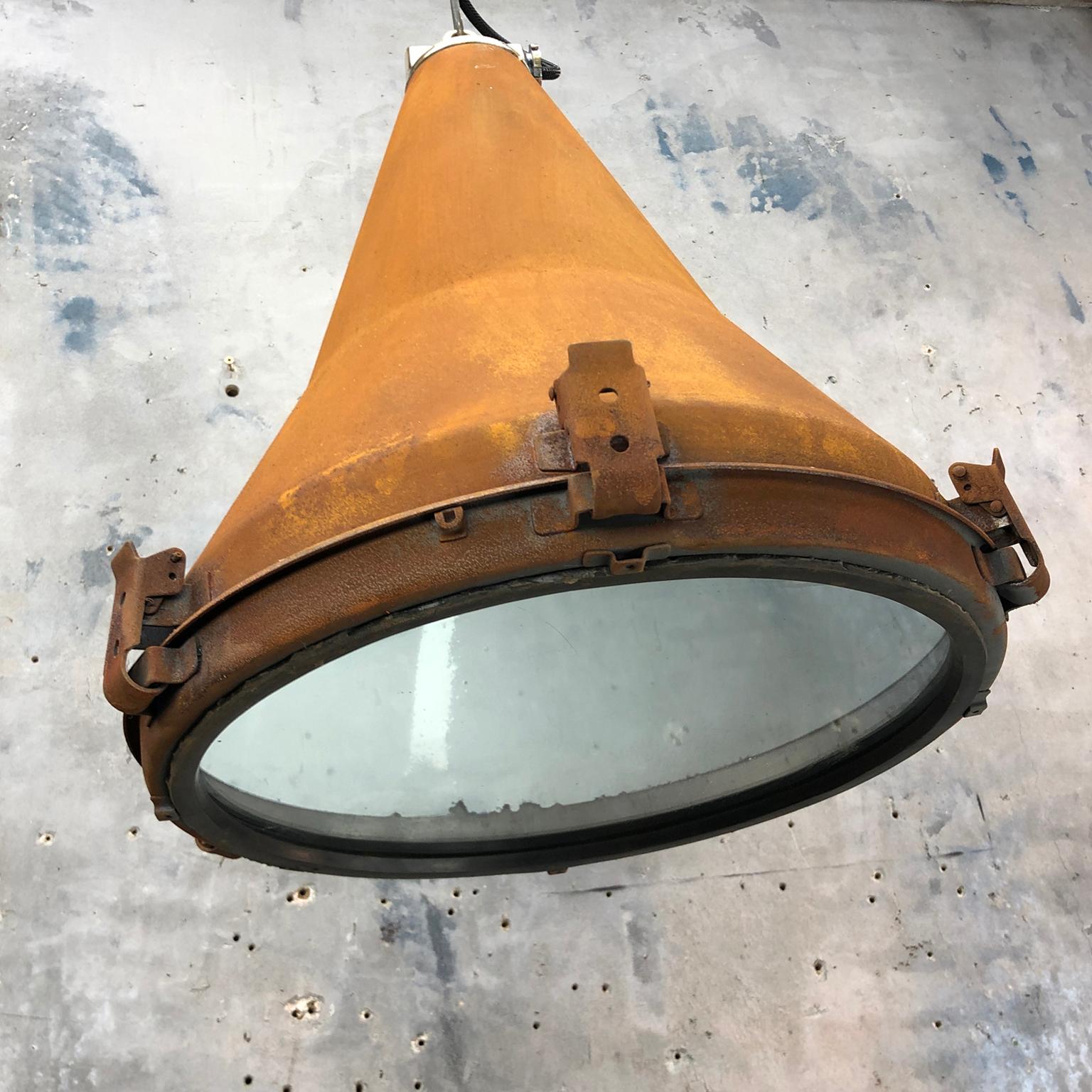 1970s Korean Vintage Industrial Steel Conical Pendant Light with Applied Rust In Good Condition In Leicester, Leicestershire