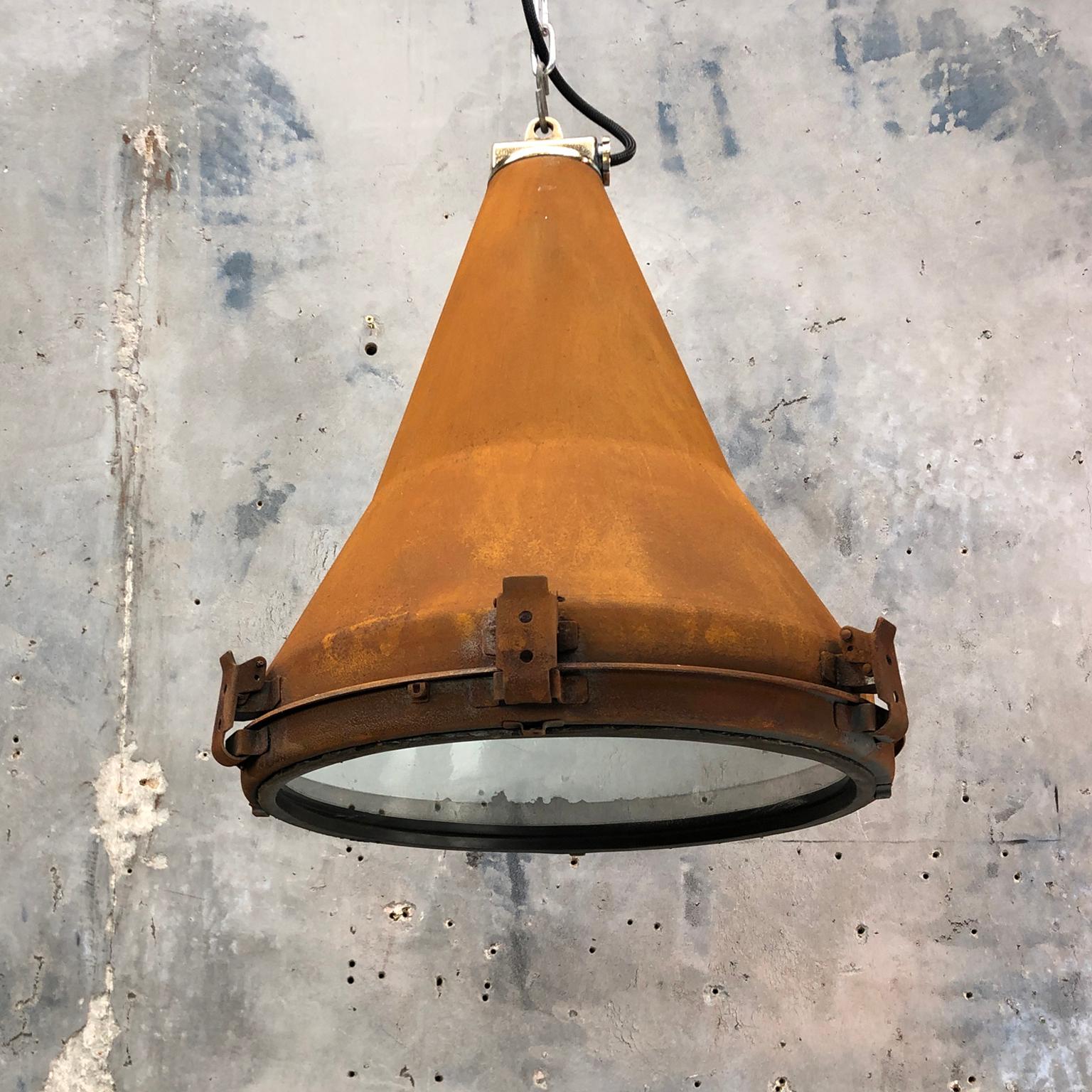 Late 20th Century 1970s Korean Vintage Industrial Steel Conical Pendant Light with Applied Rust