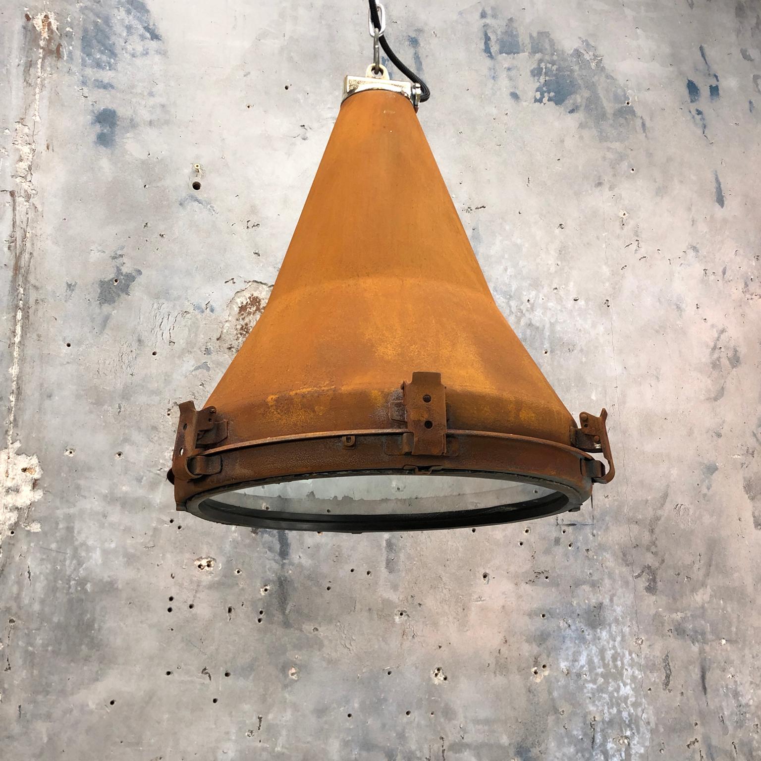 Brass 1970s Korean Vintage Industrial Steel Conical Pendant Light with Applied Rust