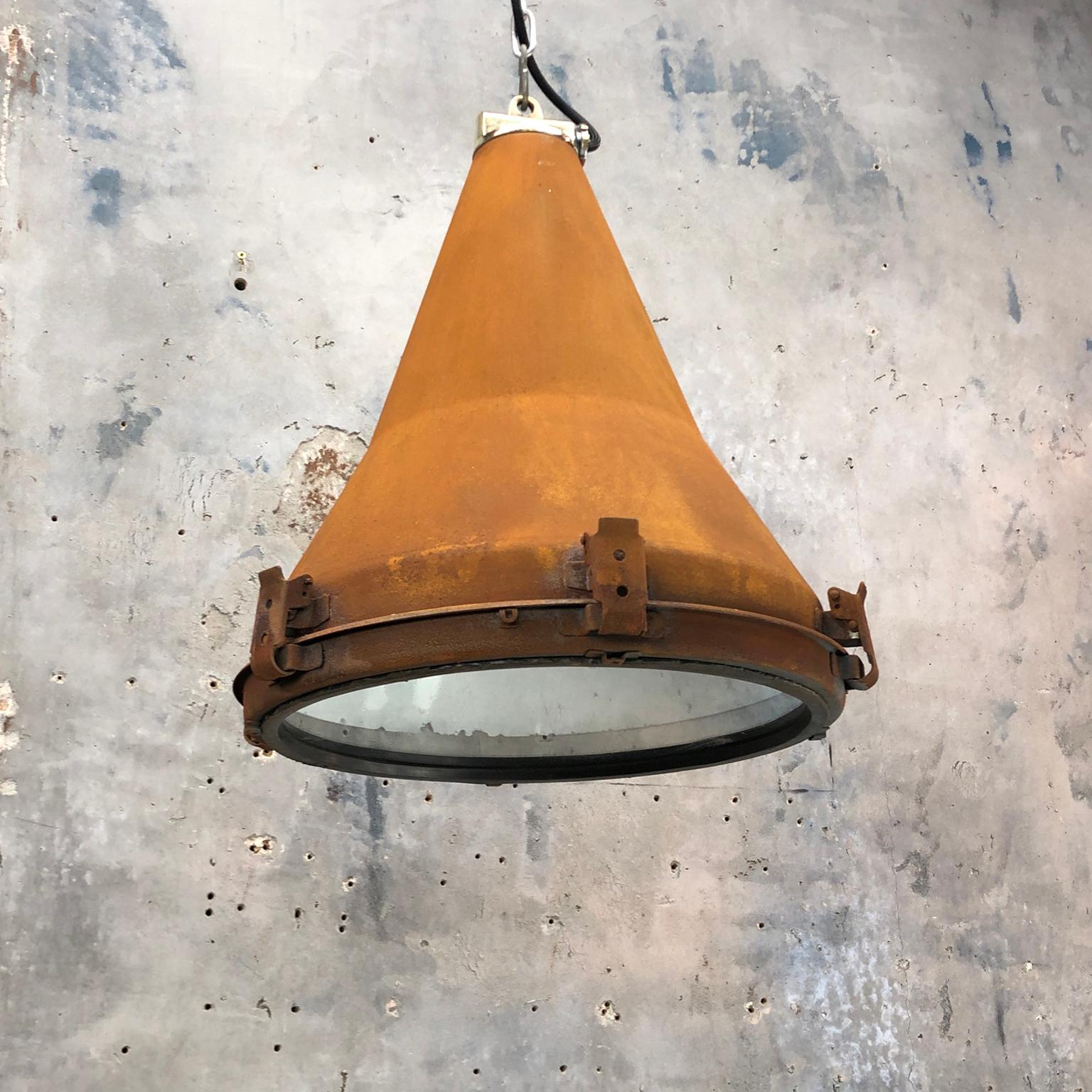 1970s Korean Vintage Industrial Steel Conical Pendant Light with Applied Rust 1