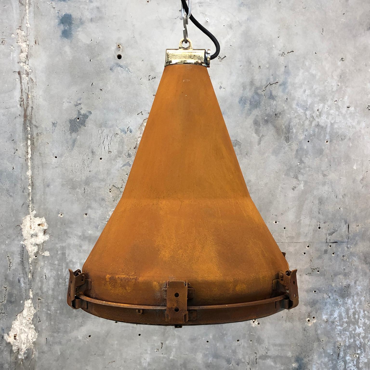 1970s Korean Vintage Industrial Steel Conical Pendant Light with Applied Rust 2